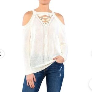 Entro Ivory Cold Shoulder Thin Knit Lace Up key hole Sweater